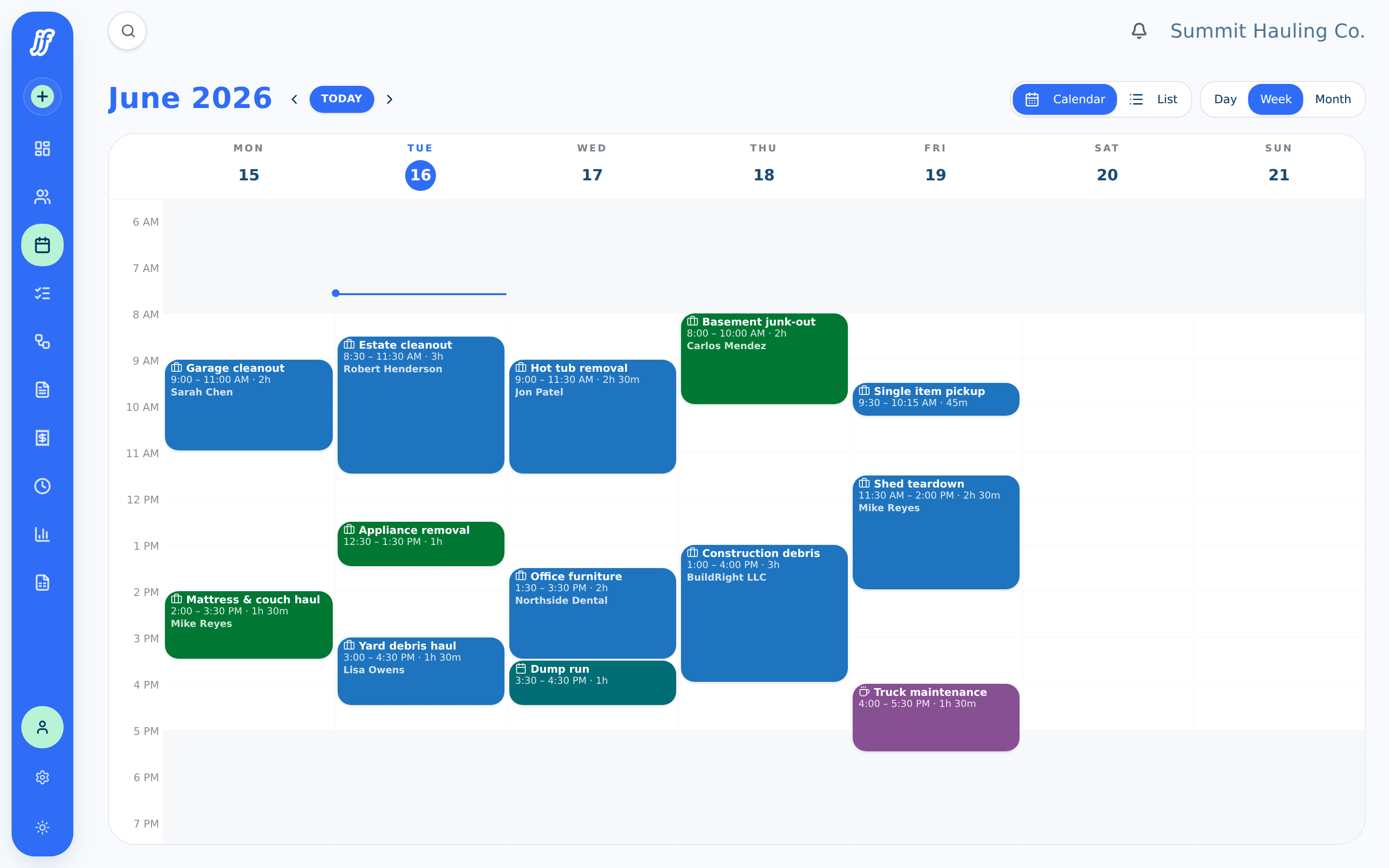 The JunkFlow week calendar showing a full schedule of junk removal jobs
